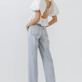 Square Neck Puff Sleeve Jacquard Top