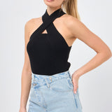 Cross Haltered Soft Rib Knit Tank