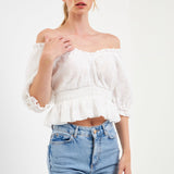 Floral Embroidered Smocked Off Shoulder Top