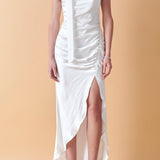 Ruched Asymmetrical Satin Slip Maxi