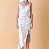 Ruched Asymmetrical Satin Slip Maxi
