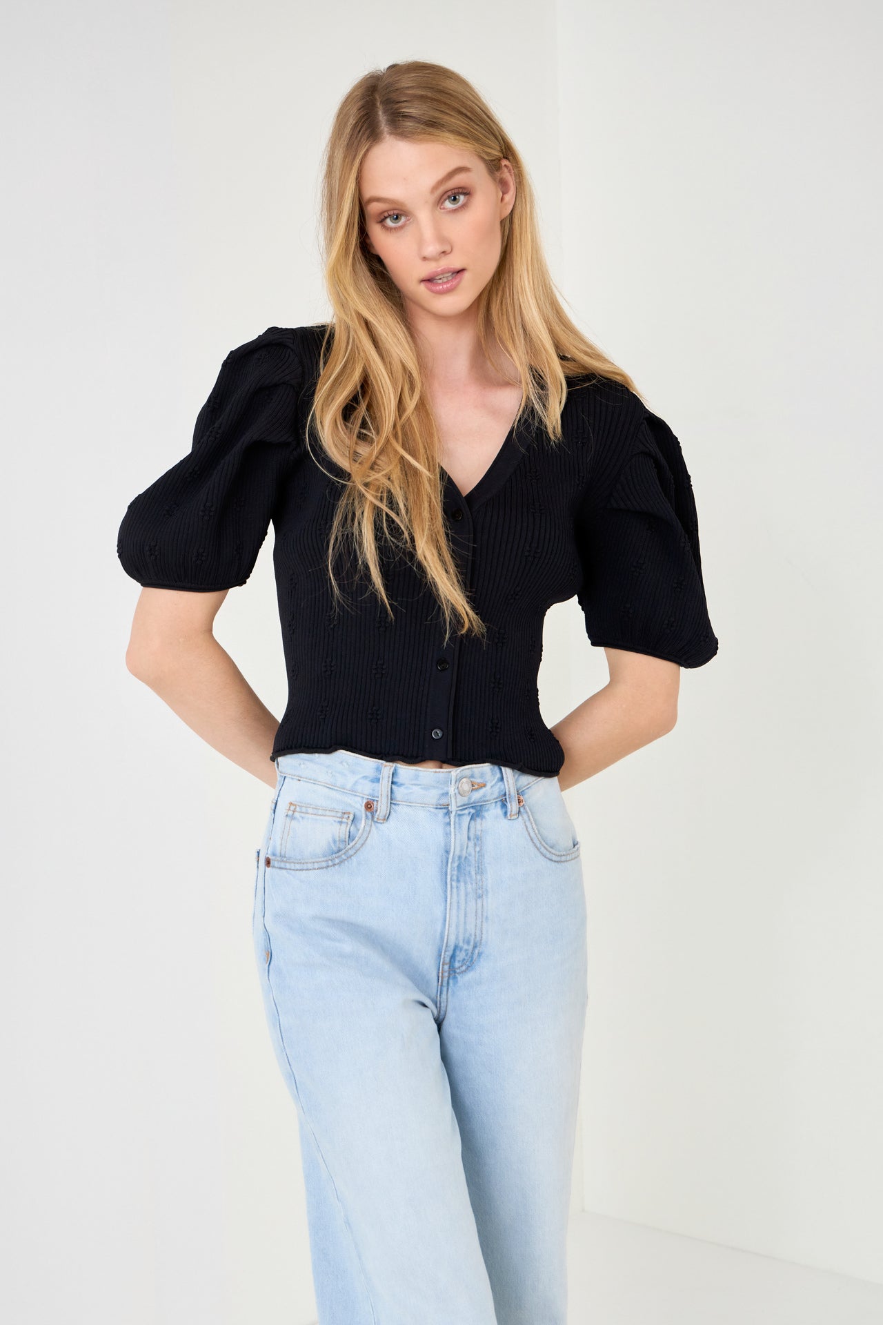 ENDLESS ROSE-Floral Puff Short Sleeve Cardigan-SWEATERS & KNITS available at Objectrare