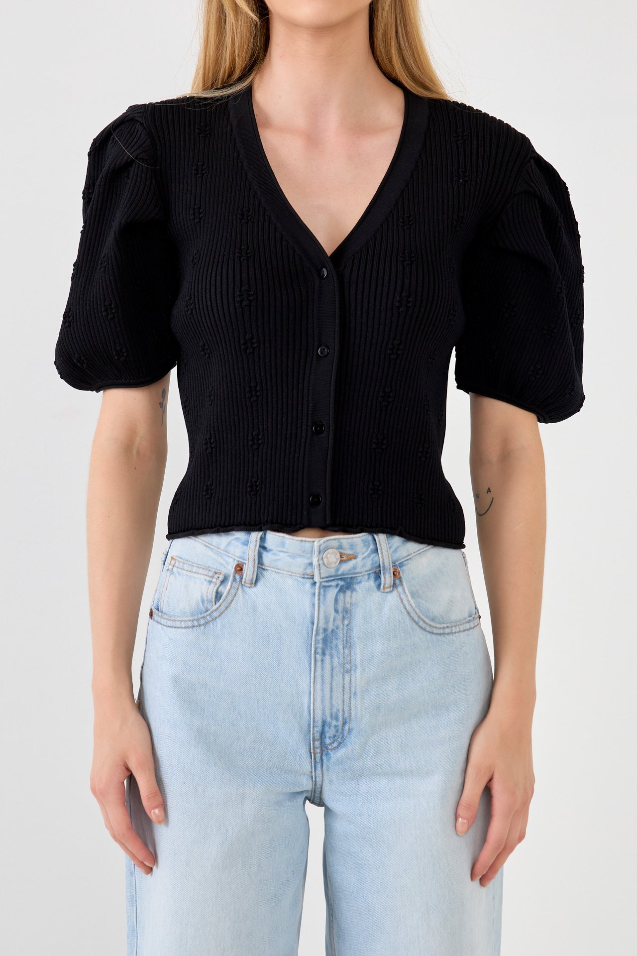 ENDLESS ROSE-Floral Puff Short Sleeve Cardigan-SWEATERS & KNITS available at Objectrare