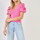 ENDLESS ROSE-Floral Puff Short Sleeve Cardigan-SWEATERS & KNITS available at Objectrare