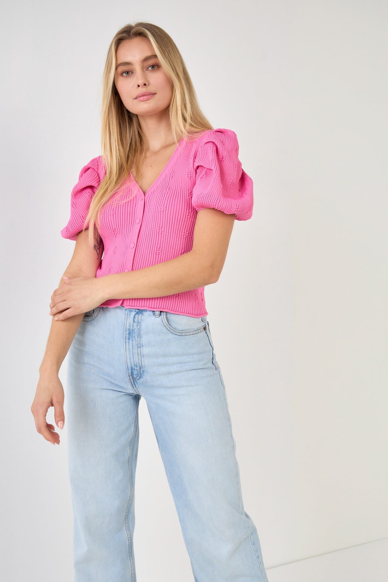 ENDLESS ROSE-Floral Puff Short Sleeve Cardigan-SWEATERS & KNITS available at Objectrare