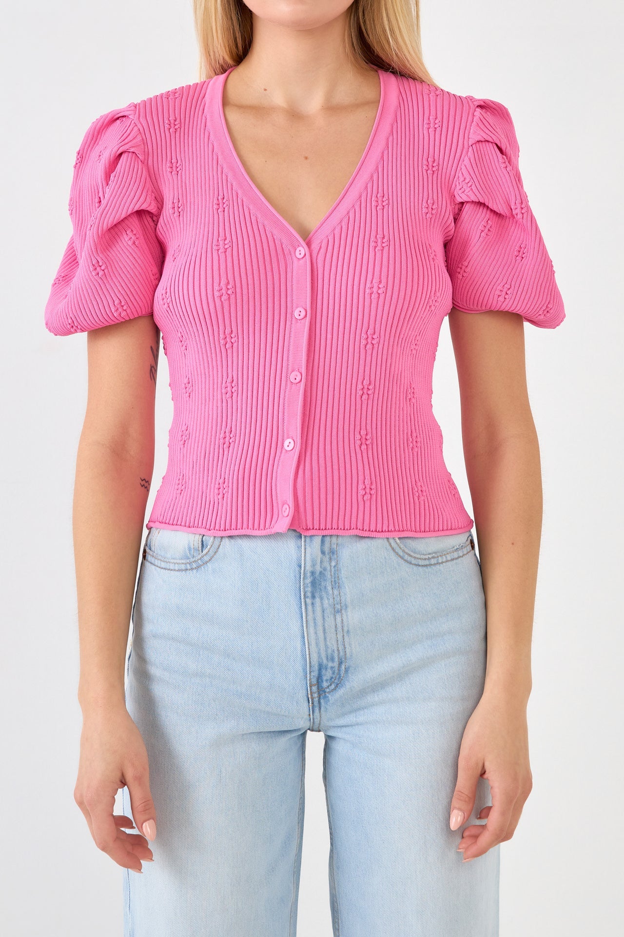 ENDLESS ROSE-Floral Puff Short Sleeve Cardigan-SWEATERS & KNITS available at Objectrare