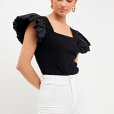 Mixed Media Square Neckline Knit Top