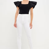 Mixed Media Square Neckline Knit Top