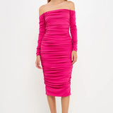 Off-The-Shoulder Ruched Midi Dress