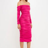 Off-The-Shoulder Ruched Midi Dress