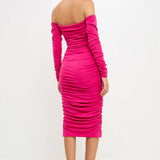 Off-The-Shoulder Ruched Midi Dress