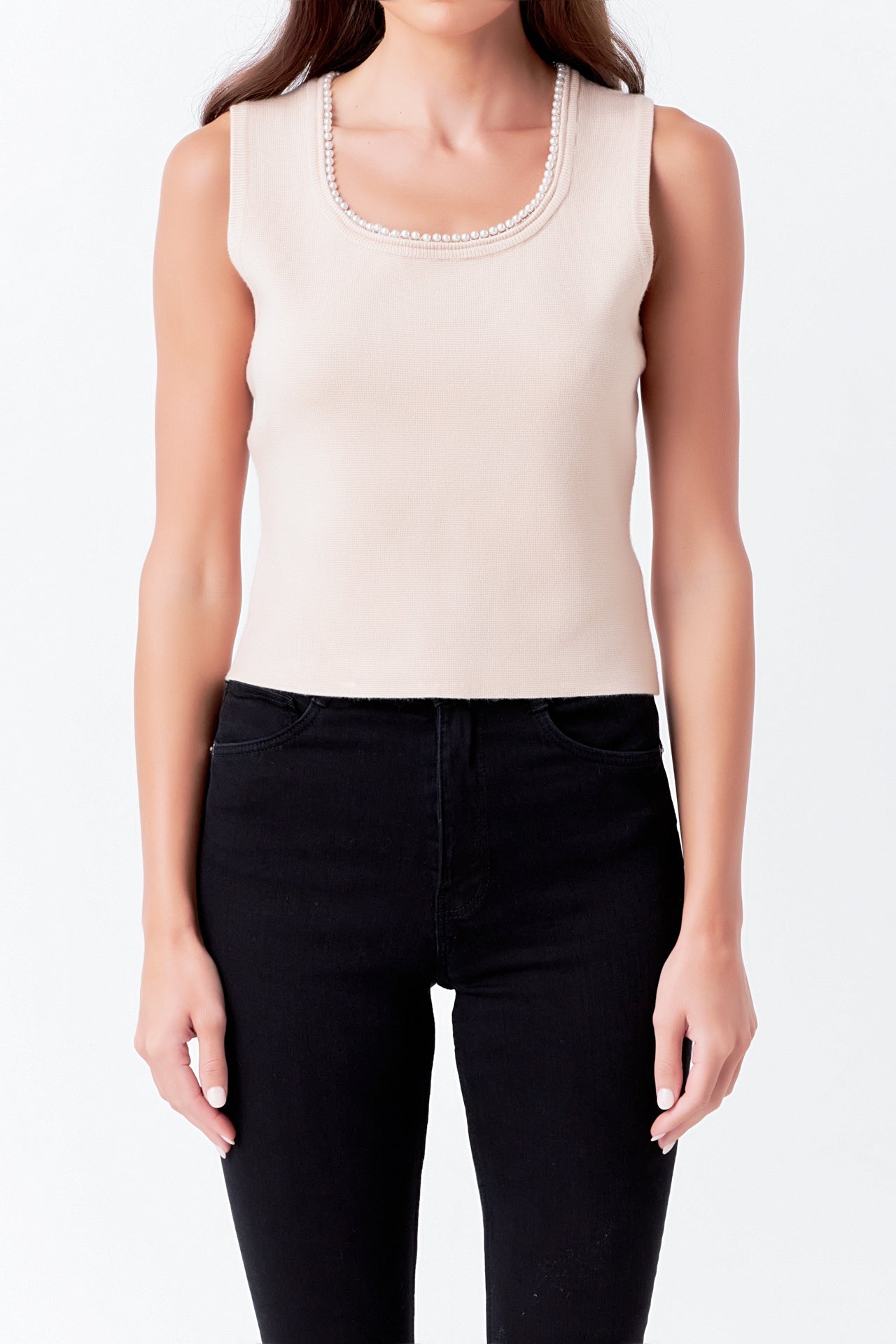 ENDLESS ROSE-Pearl Trim Knit Tank Top-TOPS available at Objectrare