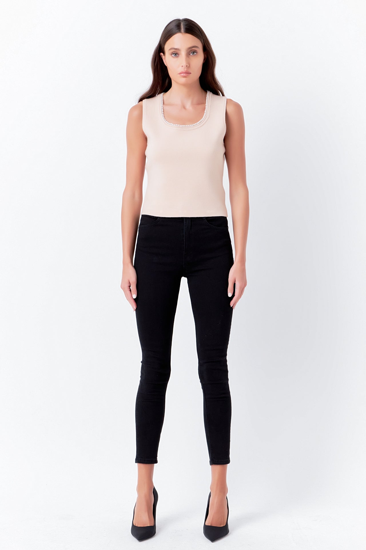 ENDLESS ROSE-Pearl Trim Knit Tank Top-TOPS available at Objectrare