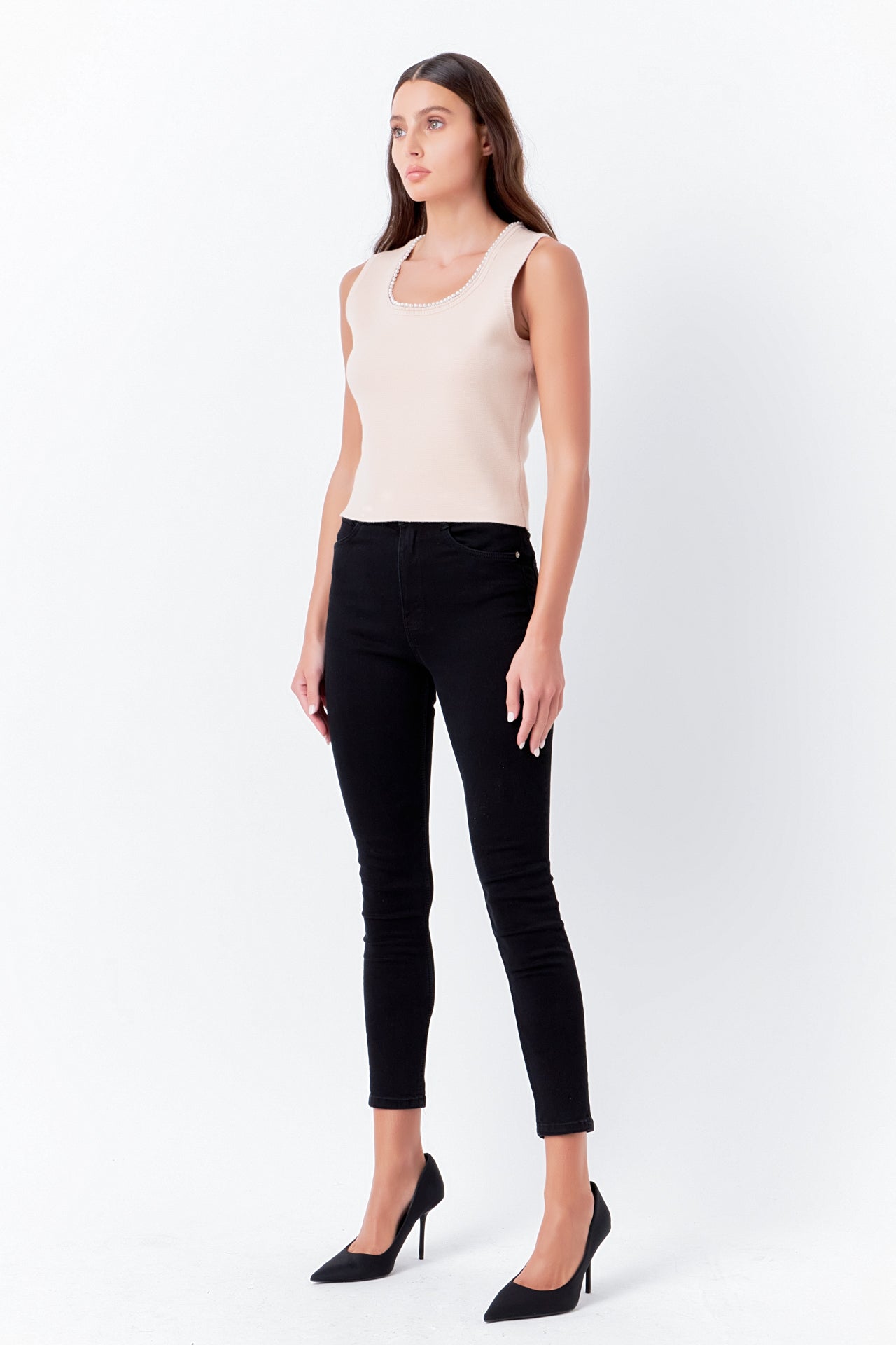 ENDLESS ROSE-Pearl Trim Knit Tank Top-TOPS available at Objectrare