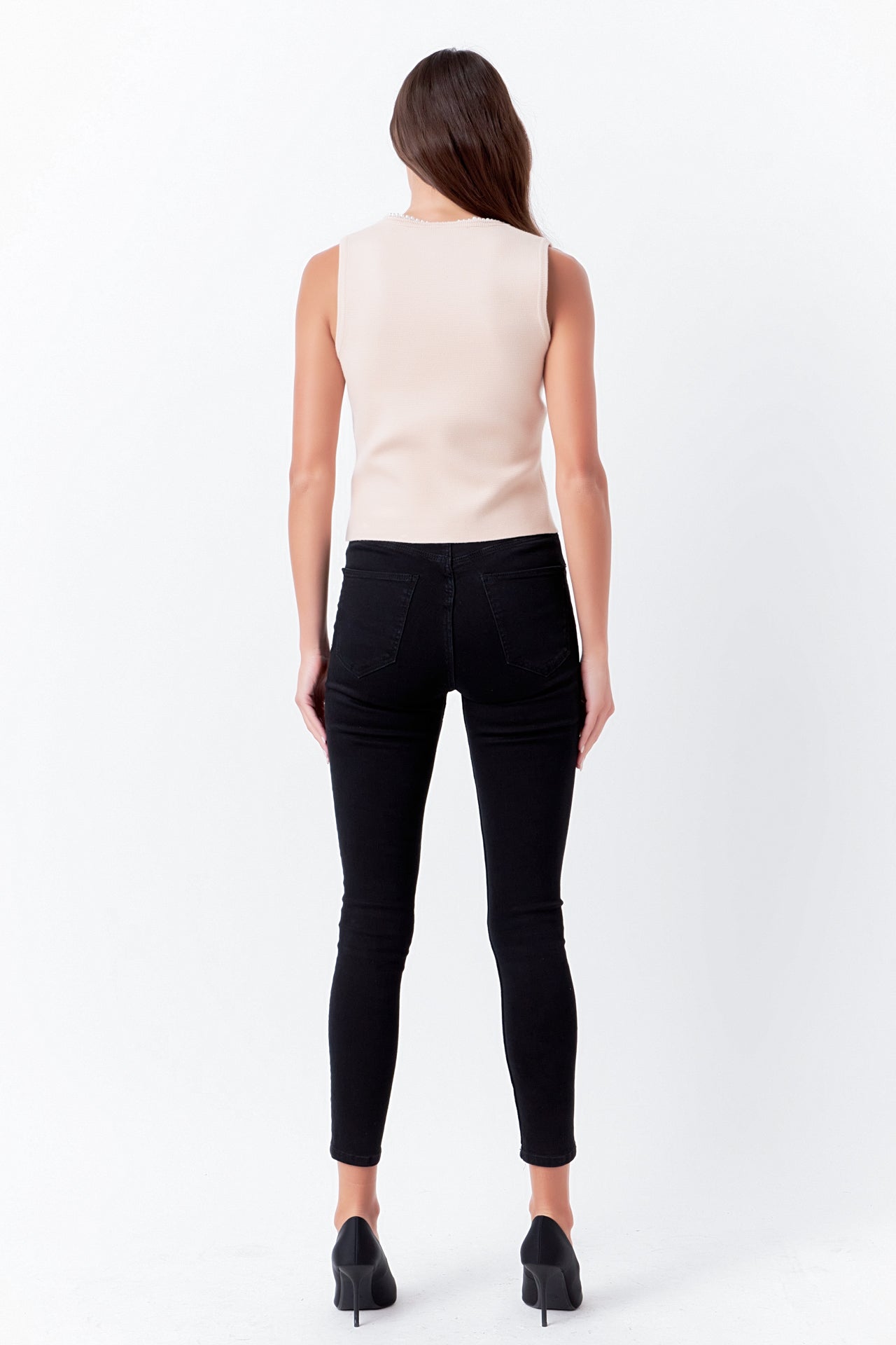 ENDLESS ROSE-Pearl Trim Knit Tank Top-TOPS available at Objectrare
