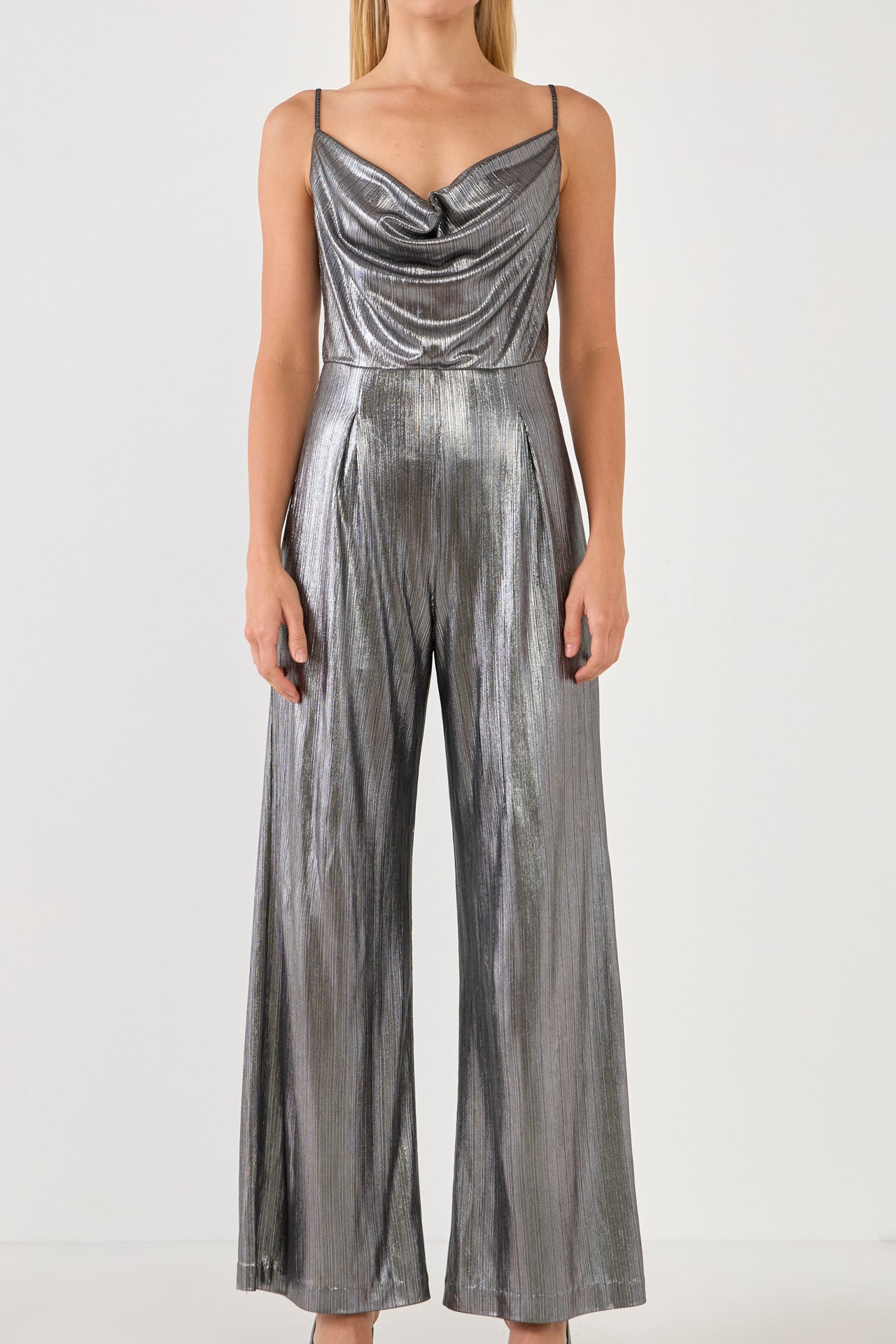 ENDLESS ROSE - Cowl Neck Cami Bodice Metallic Jumpsuit - JUMPSUITS available at Objectrare