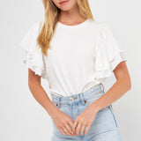 Double Layers Ruffle Sleeve Crew Neck Top