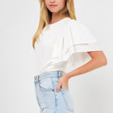 Double Layers Ruffle Sleeve Crew Neck Top