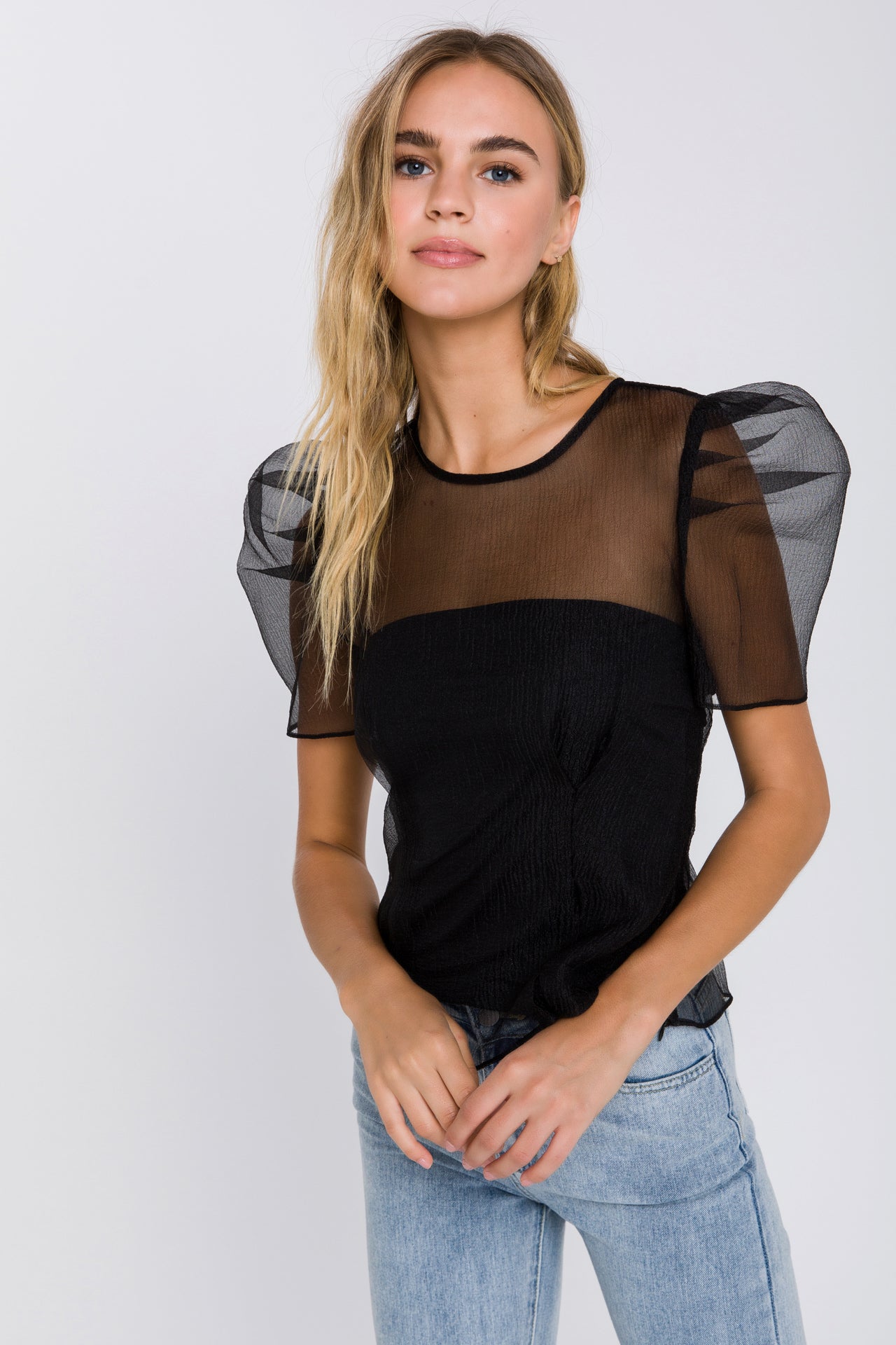 ENDLESS ROSE - Mesh Puff Short Sleeve Top - TOPS available at Objectrare