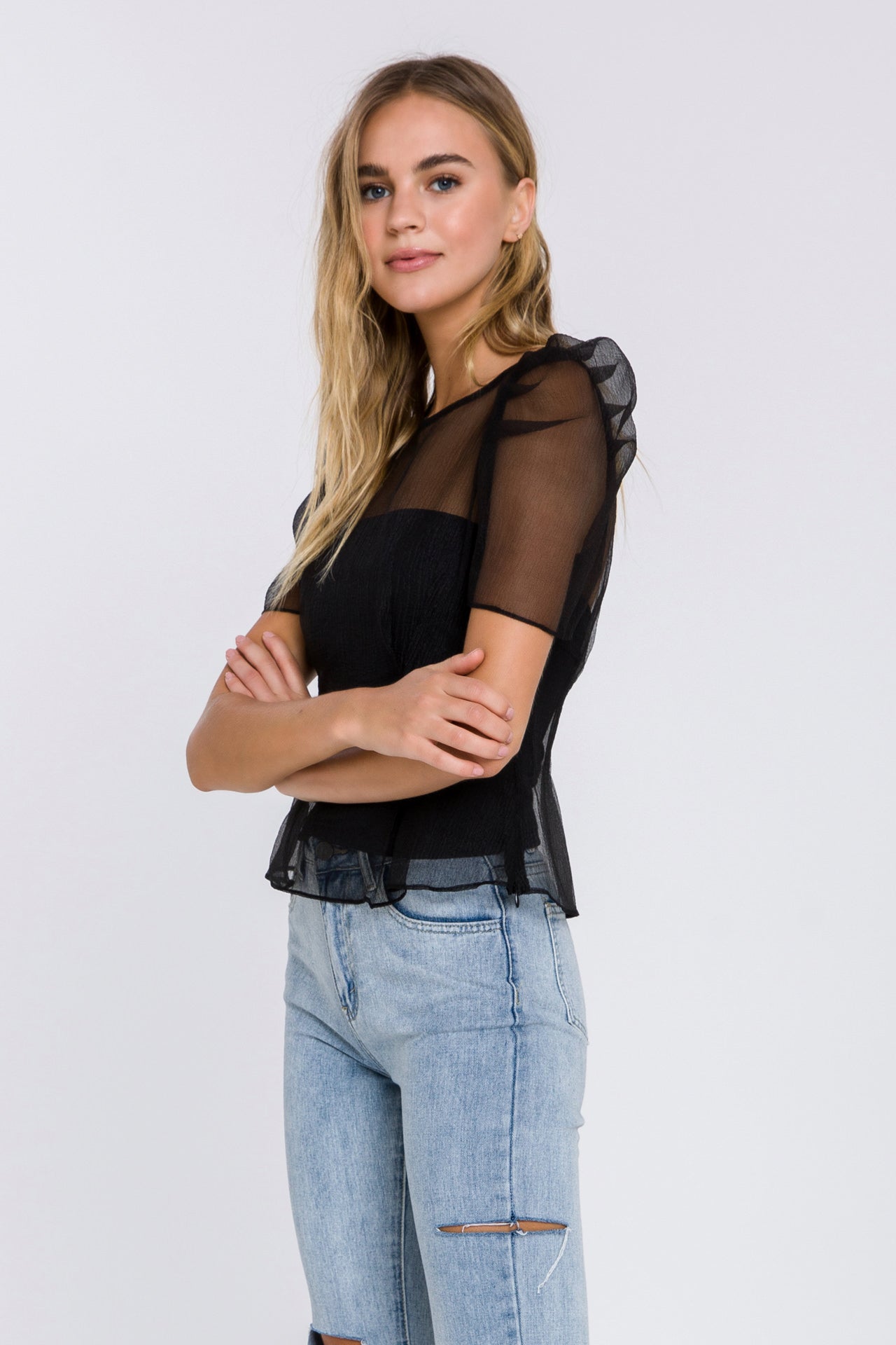 ENDLESS ROSE - Mesh Puff Short Sleeve Top - TOPS available at Objectrare