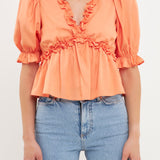 Ruffle Detail Top with Puff Sleeves