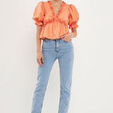 Ruffle Detail Top with Puff Sleeves