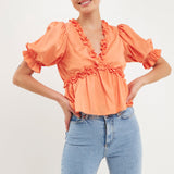 Ruffle Detail Top with Puff Sleeves