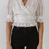 Check Print Linen Wrap Top