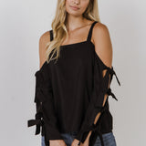 Cold Shoulder Top with Tied Ribbon Sleeve