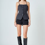 Linen Jewel Button Up Vest Top