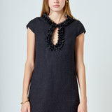 Tweed Shift Dress with Floral Trim