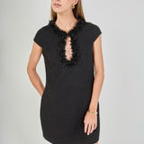 Tweed Shift Dress with Floral Trim