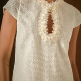 Tweed Shift Dress with Floral Trim