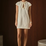 Tweed Shift Dress with Floral Trim