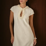 Tweed Shift Dress with Floral Trim