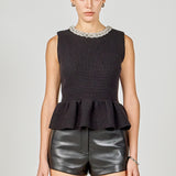 Jewel Trim Neck Peplum Knit Top