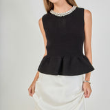 Jewel Trim Neck Peplum Knit Top