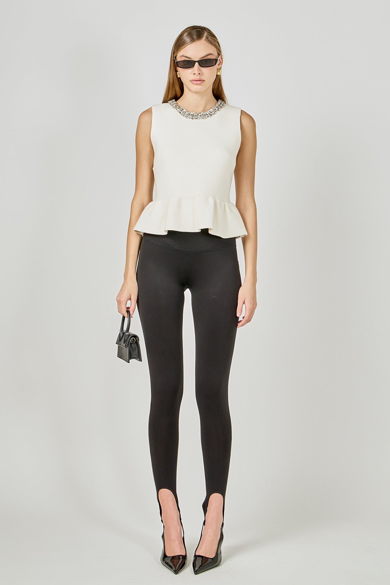 Jewel Trim Neck Peplum Knit Top