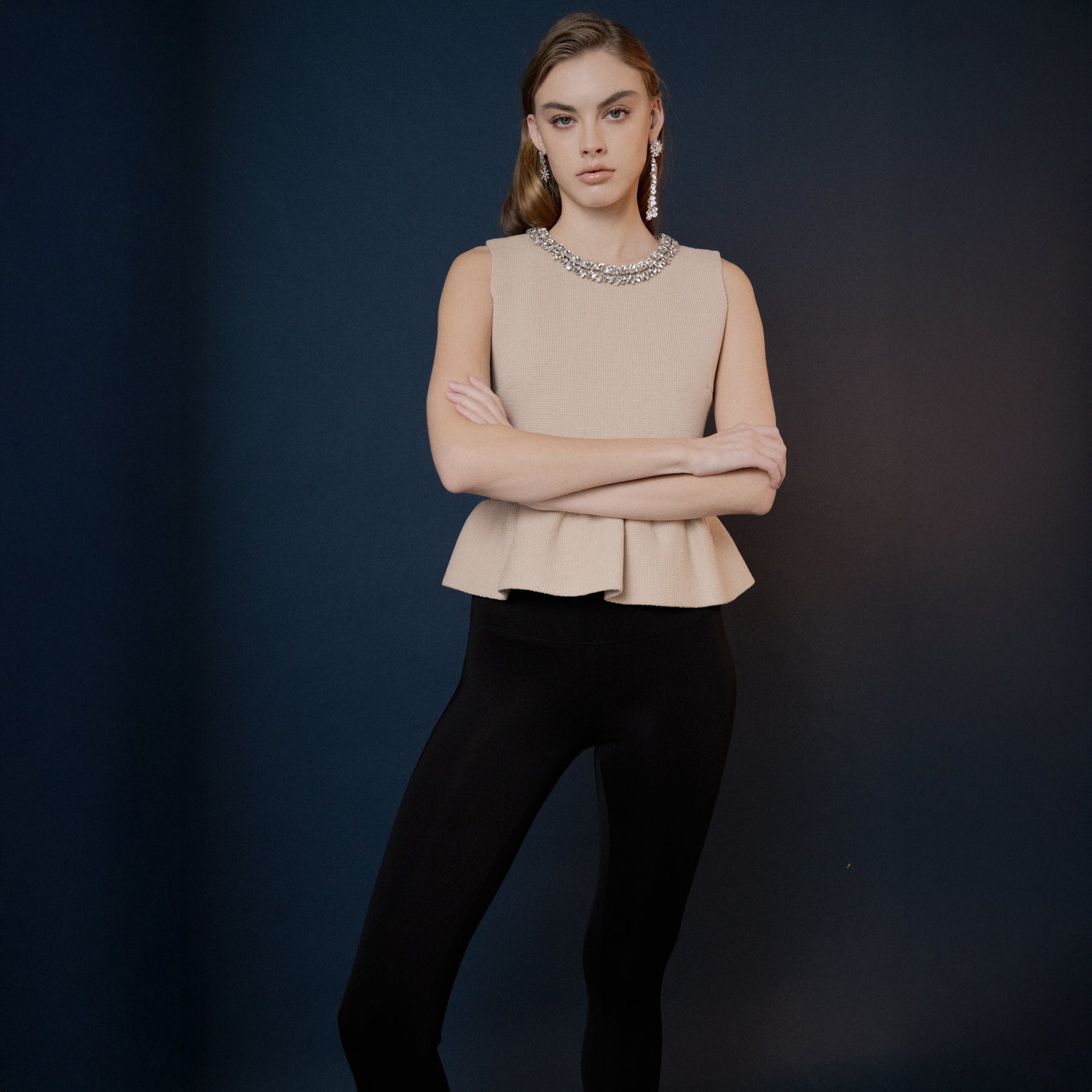 Jewel Trim Neck Peplum Knit Top