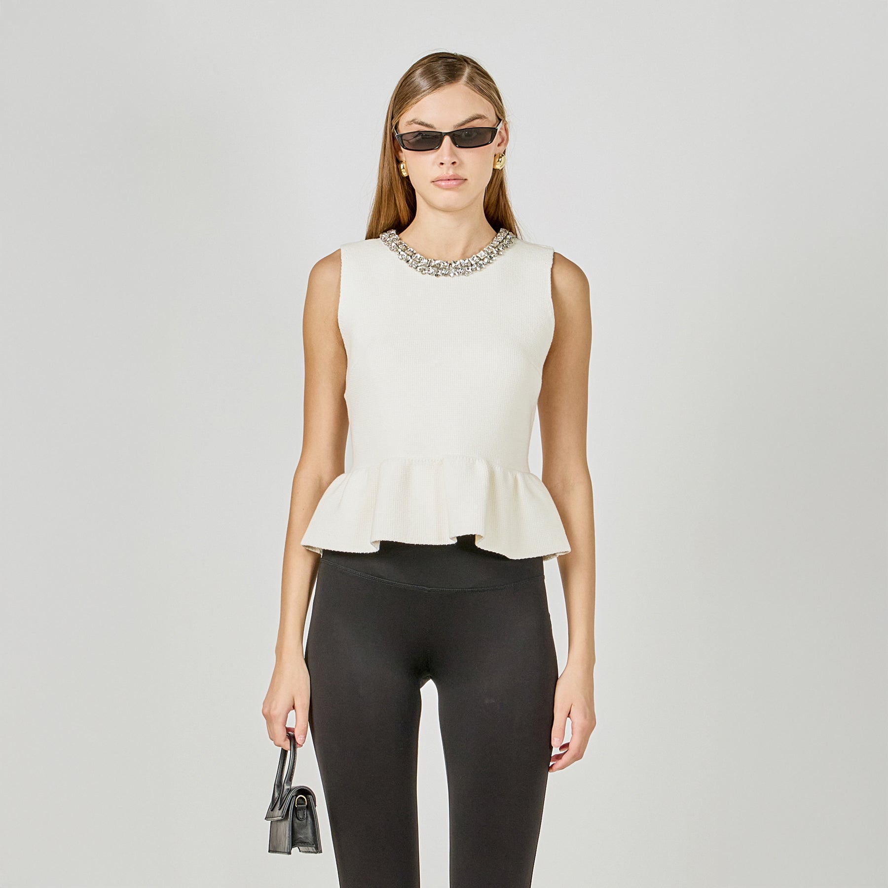 Jewel Trim Neck Peplum Knit Top
