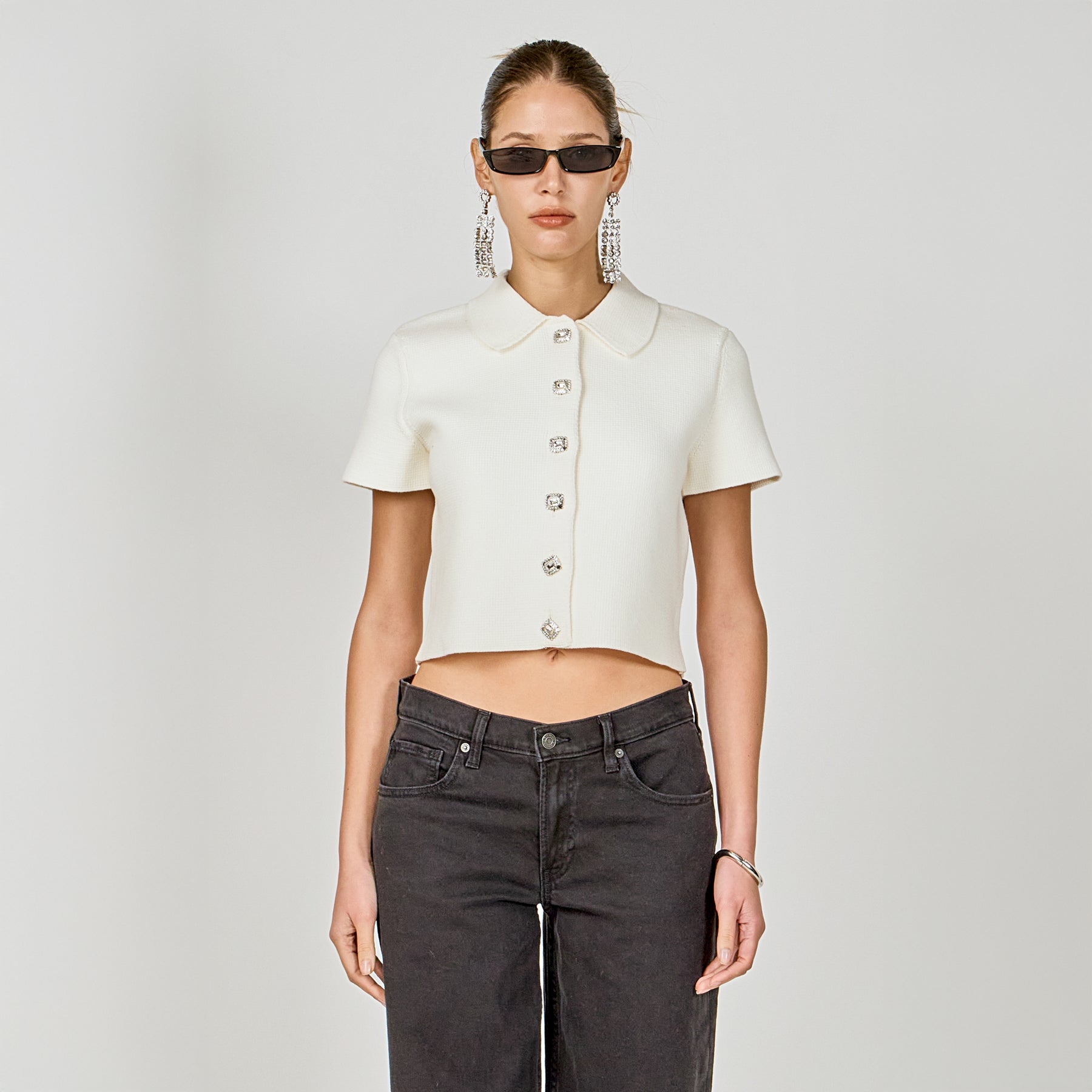 Jewel Buttoned Cropped Knit Top