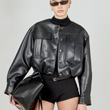 Round Neck Buttoned Faux Leather Jacket