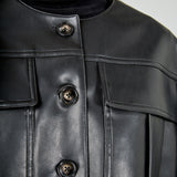 Round Neck Buttoned Faux Leather Jacket