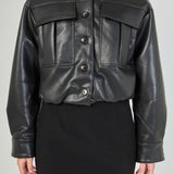 Round Neck Buttoned Faux Leather Jacket