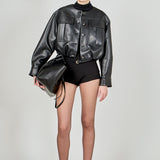 Round Neck Buttoned Faux Leather Jacket