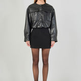 Round Neck Buttoned Faux Leather Jacket