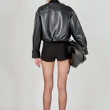 Round Neck Buttoned Faux Leather Jacket