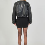 Round Neck Buttoned Faux Leather Jacket
