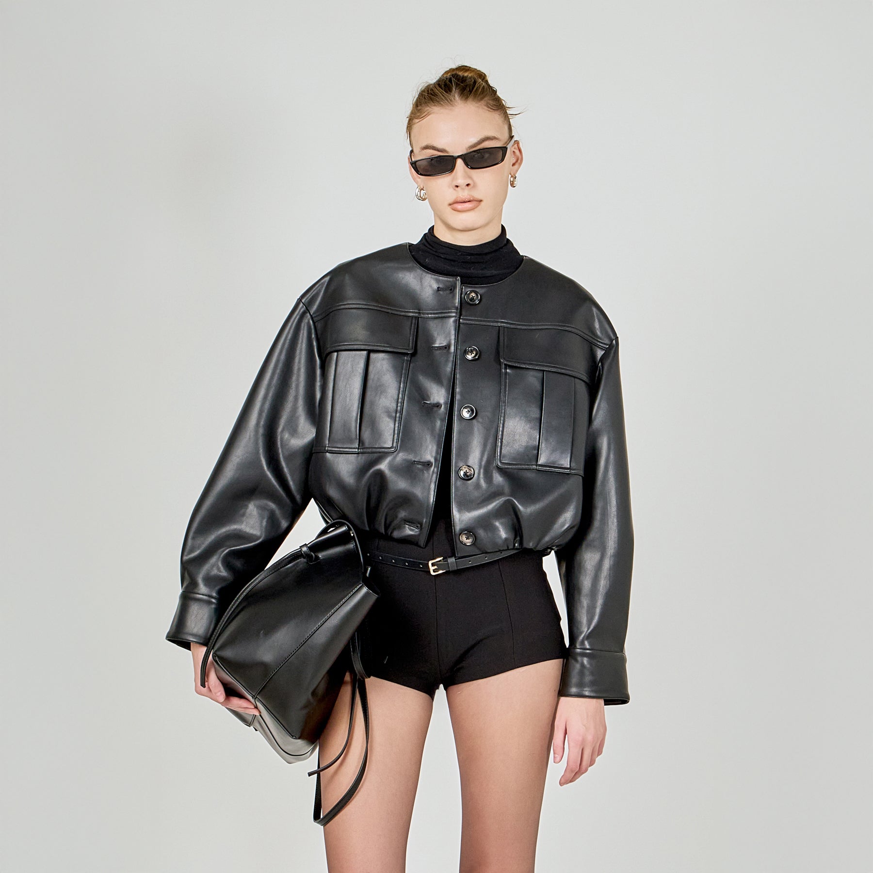 Round Neck Buttoned Faux Leather Jacket
