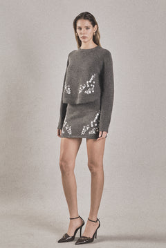 Floral Embroidered Low Waist Knit Mini Skirt